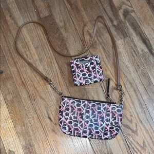 Calvin Klein Pink brown Monogram Crossbody and Matching billfold with zipper